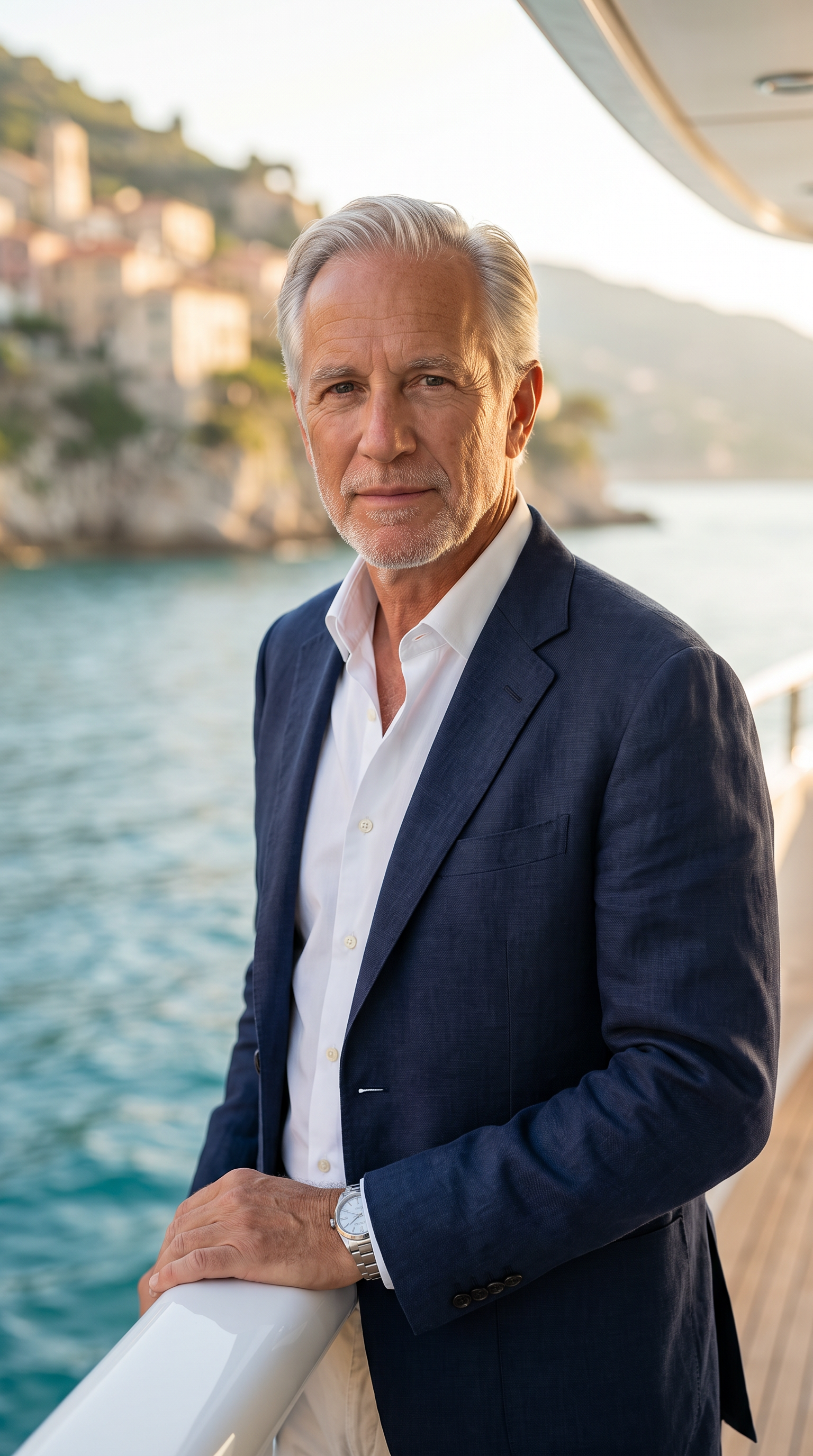 Walt Beaumont, an AI-generated character, on a yacht balcony